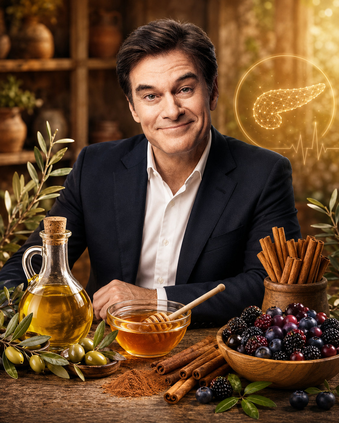 Biblical drink presentation with olive oil, honey, cinnamon, and dark berries