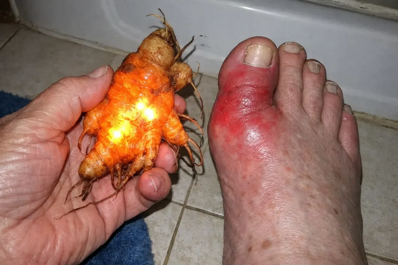 The root behind the at-home nerve routine, held next to a pair of feet with neuropathy